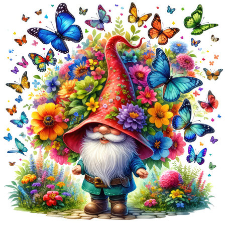 Cartoon gnome with flowers, butterflies and butterflies isolated on white backgroundの素材