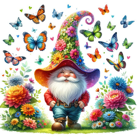 Garden gnome with flowers and butterflies in the garden illustration.の素材