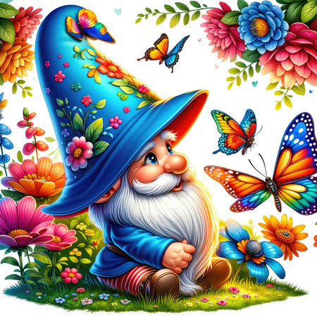 Funny gnome sitting on a flower meadow with flowers and butterfliesの素材