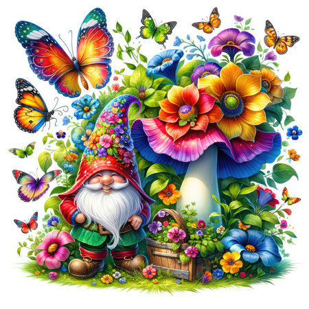 Garden gnome with flowers and butterflies on white background, illustrationの素材