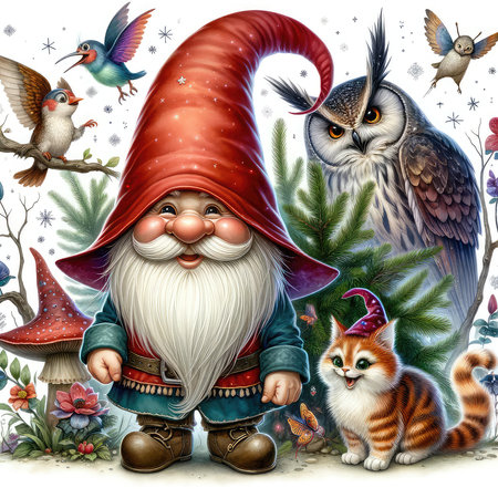 cartoon scene with gnome and cat - christmas illustration for childrenの素材