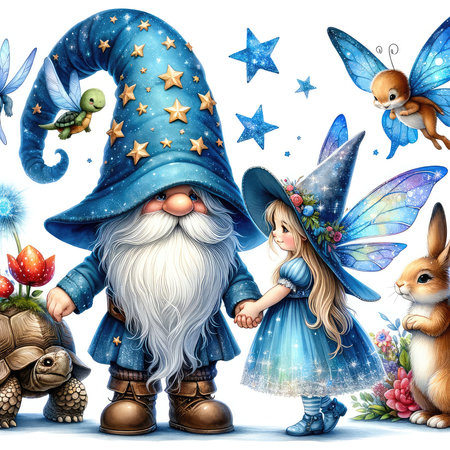 Illustration of a cute fairy tale with a gnome and a rabbitの素材
