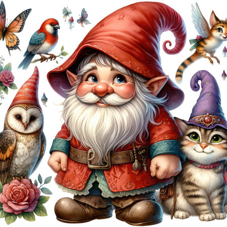 Cute cartoon gnome with owl, cat, bird and owl.の素材