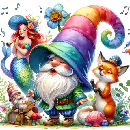 Funny gnome and fox with musical notes. Illustration for your designの素材