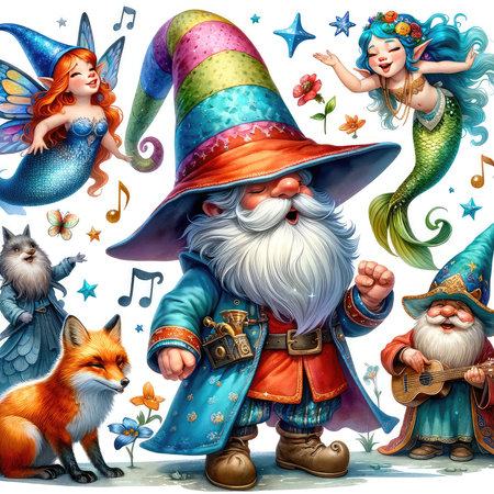 Merry Christmas and Happy New Year illustration with cartoon Santa Claus, elf, fox and mermaid.の素材