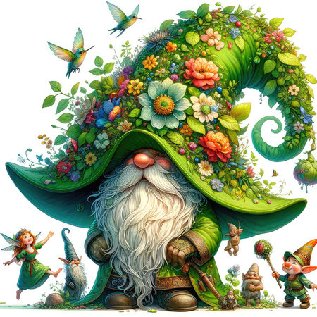 Cartoon Illustration of a Fantasy Fantasy Fairy Tale Gnome with Flowersの素材