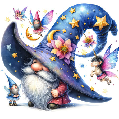 Illustration of a cute wizard with a magic wand and a baby in the night skyの素材