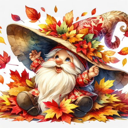 Illustration of a cute cartoon gnome sitting on a background of autumn leavesの素材