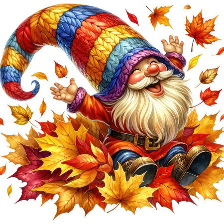 Cartoon image of Santa Claus sitting on a pile of autumn leavesの素材