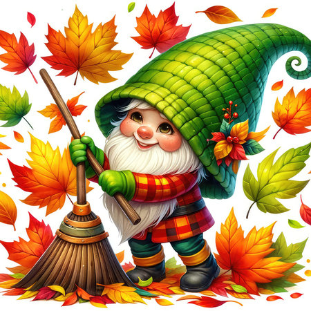 Cartoon gnome with broom and autumn leaves on white background illustrationの素材