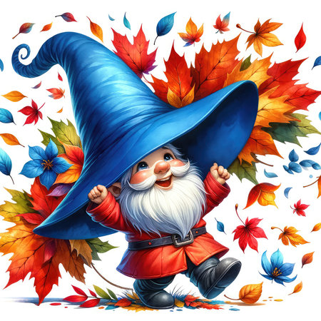 Cartoon illustration of Santa Claus in a hat on the background of autumn leaves.の素材