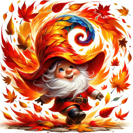 Garden gnome in autumn leaves. Vector illustration for your designの素材