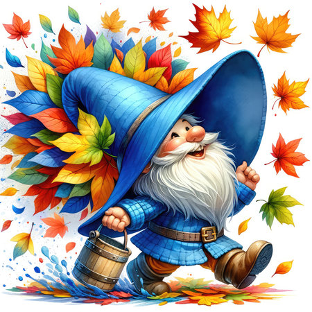 Illustration of a cheerful gnome in a hat on a background of autumn leavesの素材