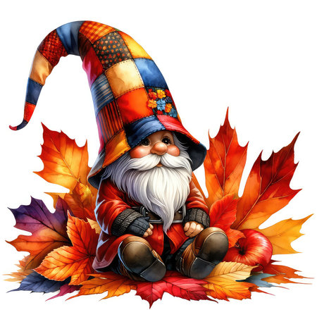 santa claus sitting on autumn leaves isolated on white background.の素材