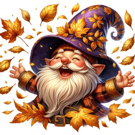 Cartoon wizard with a broom and autumn leaves on a white backgroundの素材