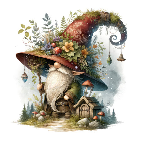 Illustration of a gnome in a hat with a magic wandの素材