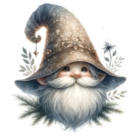Watercolor illustration of a gnome in a hat with a beardの素材