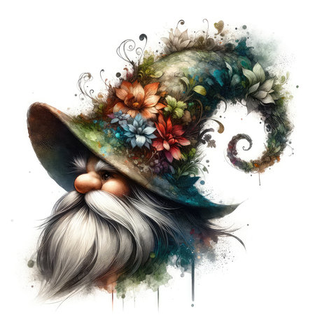 Portrait of a wizard with a hat and flowers. Watercolor illustrationの素材