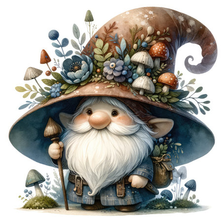 Watercolor illustration of a wizard in a hat with mushrooms on a white backgroundの素材