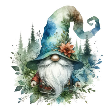 Watercolor illustration of a wizard with a magic wand in the forest.の素材