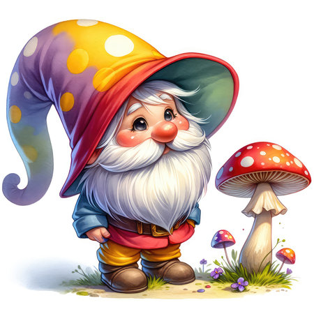 Cartoon gnome with mushroom on white background - illustration for childrenの素材