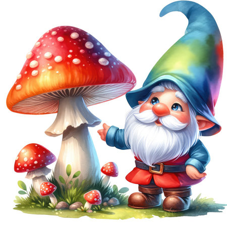 Illustration of a gnome and a mushroom on a white backgroundの素材
