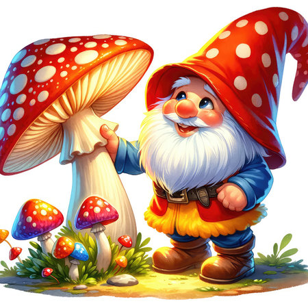 cartoon happy gnome in the garden with mushrooms - illustration for childrenの素材