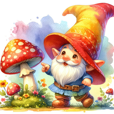 Cartoon gnome in a hat on a mushroom meadow.の素材