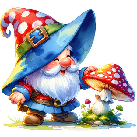 Illustration of a funny gnome with mushrooms on a white backgroundの素材