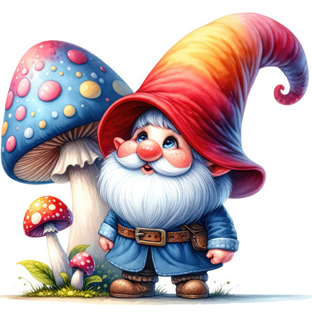 Cartoon image of funny gnome with mushrooms on white background.の素材
