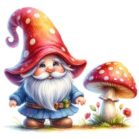 Garden gnome with mushrooms. Watercolor illustration isolated on white background.の素材