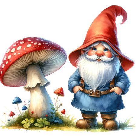 Illustration of a gnome and a mushroom on a white backgroundの素材