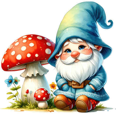 Illustration of a dwarf gnome with a mushroom on a white backgroundの素材