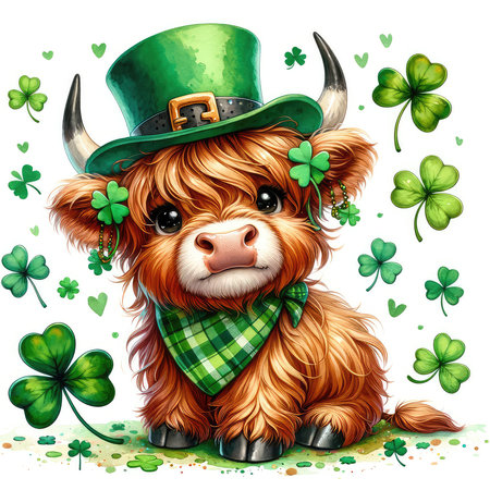 Leprechaun cow with green hat and clover. St. Patrick's Day illustration.の素材