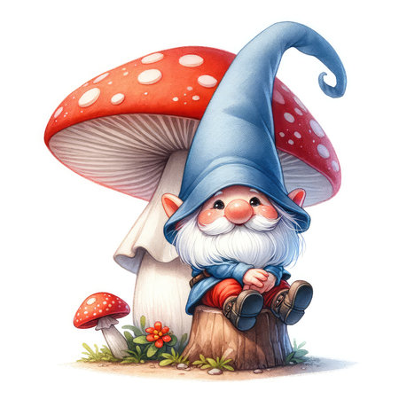 Cute gnome sitting on a stump. Watercolor illustration.の素材