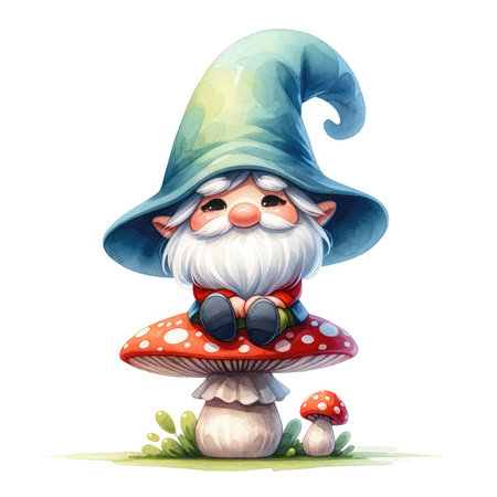 Cute gnome in hat and sunglasses. Watercolor illustration.の素材