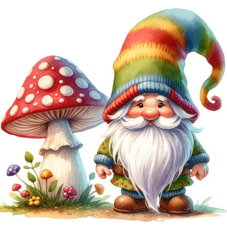 Illustration of a gnome and mushrooms on a white background.の素材