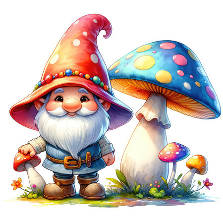 Illustration of a gnome in a mushroom garden on a white backgroundの素材