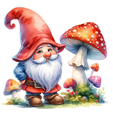Garden gnome with mushrooms. Watercolor illustration on white backgroundの素材