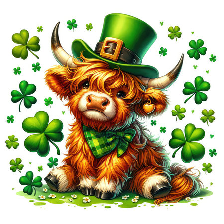 Cute bull in leprechaun hat and green bow tie sitting on clover leaves. St. Patrick's Day illustration.の素材