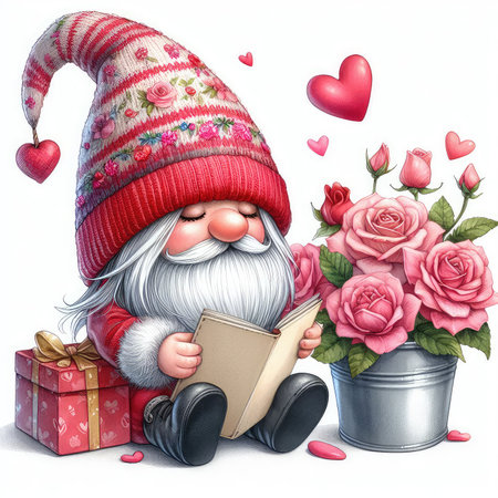 Santa Claus with a book and a bouquet of roses on a white background.の素材