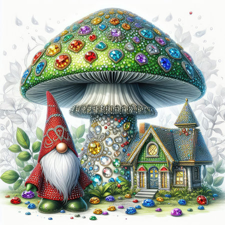 Mushroom and gnome on the background of the house.の素材