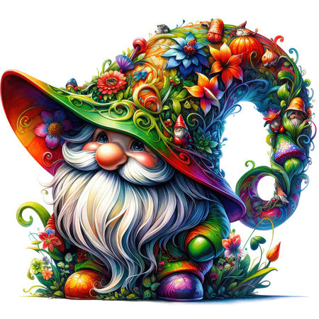 Funny cartoon gnome in a hat and a wreath of flowers. Vector illustration.の素材