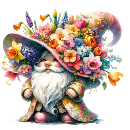 Garden gnome with flowers isolated on white background. Watercolor illustration.の素材