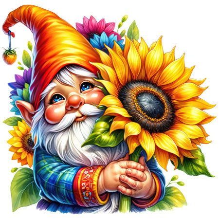 Garden gnome with sunflowers in his hands. Vector illustrationの素材