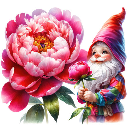 Funny gnome with peony flowers isolated on white background.の素材