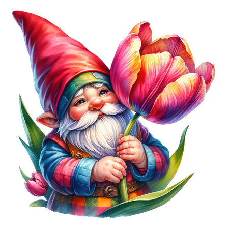 Garden gnome with tulip flowers isolated on white background.の素材