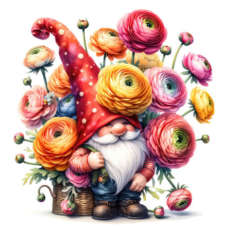 Garden gnome with flowers isolated on white background. Watercolor illustration.の素材