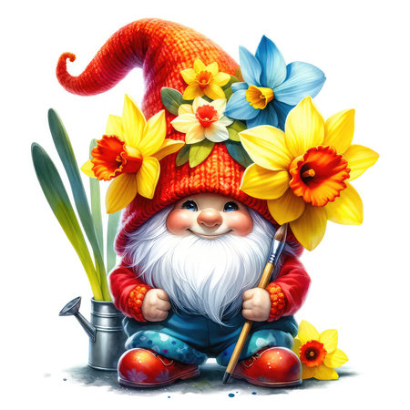 Garden gnome with daffodils and watering can.の素材