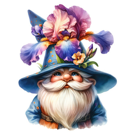Watercolor illustration of a wizard in a hat with iris flowersの素材